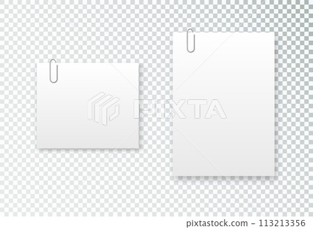 Blank paper sheet in A4 format on transparent background. Notebook page, document with steel paper clip. Vector Blank paper sheet in A4 format on transparent background. Notebook page, document with steel paper clip. Vector 113213356