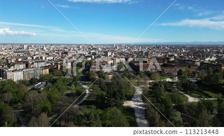 Aerial view of Sempione Park and Sforza Castle in Milan, Italy Aerial view of Sempione Park and Sforza Castle in Milan, Italy 113213448