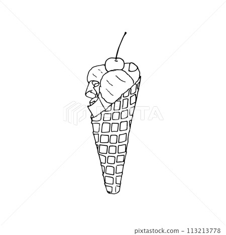 Hand-drawn ice cream cone icon badge. Doodle-style dessert for design menu cafe, label, and packaging. Vector illustration. Hand-drawn ice cream cone icon badge. Doodle-style dessert for design menu cafe, label, and packaging. Vector illustration. 113213778