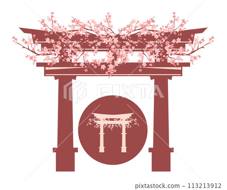 japanese shinto torii gate decorated with spring sakura flowers branches vector design japanese shinto torii gate decorated with spring sakura flowers branches vector design 113213912