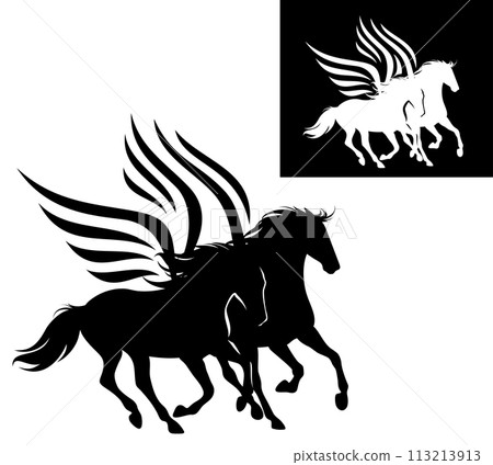two winged pegasus horses black and white vector silhouette outline two winged pegasus horses black and white vector silhouette outline 113213913