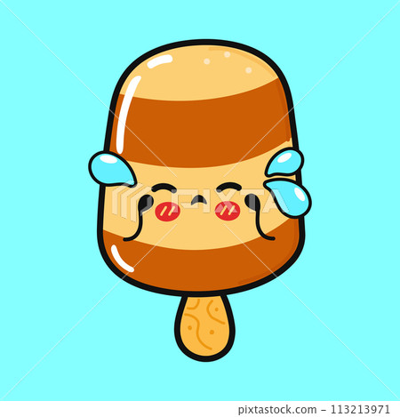 Crying Ice cream character. Vector hand drawn cartoon kawaii character illustration icon. Isolated on blue background. Sad Ice cream character concept Crying Ice cream character. Vector hand drawn cartoon kawaii character illustration icon. Isolated on blue background. Sad Ice cream character concept 113213971