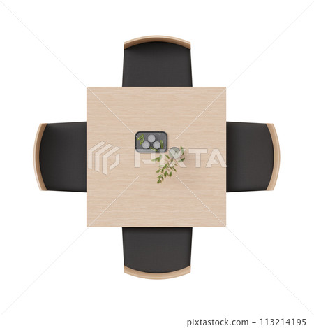 Overhead view of dining set with a wooden table and black chairs. Square, small table isolated on white background. Cut out furniture. Top view. Flat lay, floor plan elements. 3D rendering. 113214195