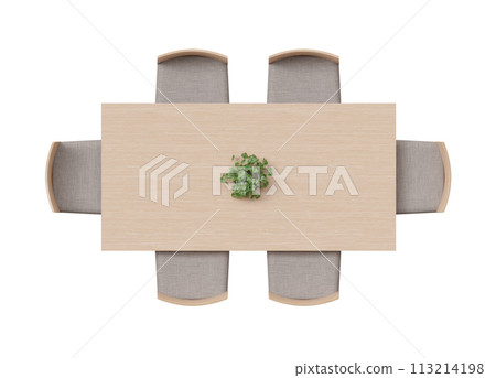 Overhead view of dining set with a wooden table, chairs and decorative plant. Rectangular table isolated on white background. Cut out furniture. Top view. Flat lay, floor plan elements. 3D rendering. 113214198