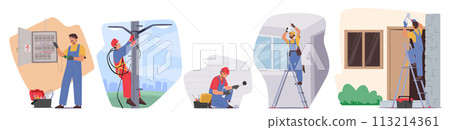 Vector Set Electrical Utility Delivery of Energy to Consumer. Electrician Worker Character Install Light Equipment 113214361