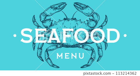 Crab, seafood, sketch. Vintage retro print, seafood crab sketch, logo sign template, ink pencil style drawing, engrave old school. Sketch artwork crab, template sign, logo, symbol. Vector Illustration 113214362