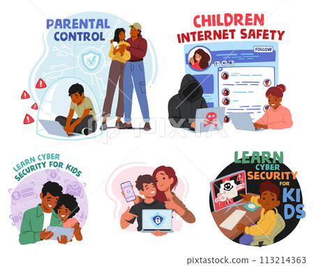 Parental Control and Web Safety Vector Set. Parents Use Tools Help Monitor And Manage Their Children Online Activities 113214363