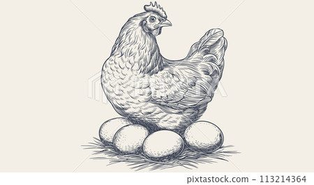 Chicken, hen with nest, eggs. Vintage retro print, chicken, hen eggs sketch ink pencil style drawing, engrave old school. Sketch artwork silhouette chicken, hen with nest, eggs. Vector Illustration 113214364