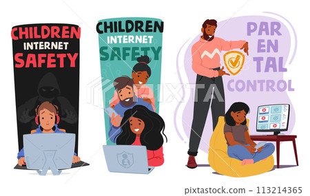 Parental Control, Web Safety Vector Concept. Parents Characters Monitor And Manage Their Children Online Activity 113214365