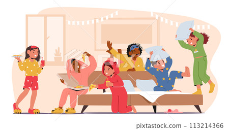 Children Characters At Lively Pajama Party, Feature Cozy Sleepwear, Games, Movies, Snacks, And Giggles, Vector 113214366