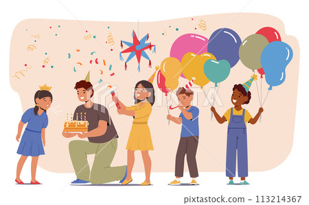 Joyful Girl Character, Surrounded By Friends, Beams As She Blows Out Candles On Her Birthday Cake, Vector Illustration 113214367