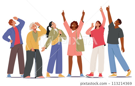 Characters With Eyes Wide In Wonder And Mouths Slightly Agape Stand In Various Poses, Their Fingers Extended Upwards 113214369