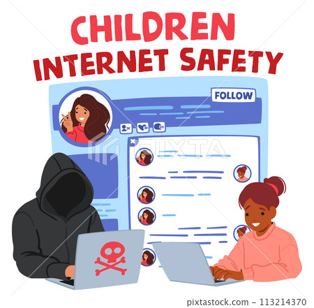 In A Brightly Colored Online Chat Room, A Girl Types Cheerfully with Hooded Anonymous Figure, Watches Silently In A Brightly Colored Online Chat Room, A Girl Types Cheerfully with Hooded Anonymous Figure, Watches Silently 113214370