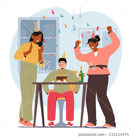 Young Man Character Beams With Joy, Celebrating His Birthday with Two Female Friends Cheer, Blow Out The Candles Young Man Character Beams With Joy, Celebrating His Birthday with Two Female Friends Cheer, Blow Out The Candles 113214375