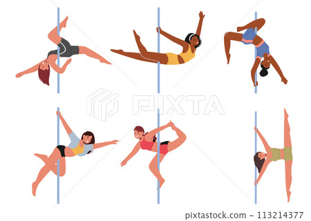 Set Of Pole Dancers Move With Fluidity, Body Bending And Extending Around The Poles. Girl Characters Exuding Strength Set Of Pole Dancers Move With Fluidity, Body Bending And Extending Around The Poles. Girl Characters Exuding Strength 113214377