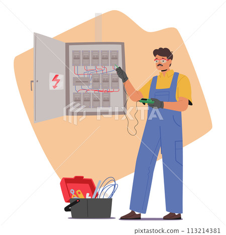 Electrician Worker Examine Working Draft Or Measure Voltage At Dashboard, Skillfully Navigating Technical Tools 113214381
