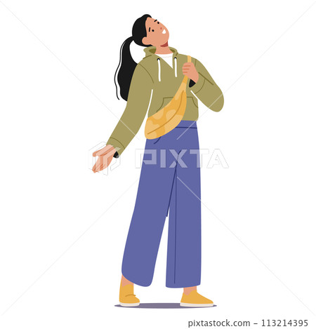 Curious Female Character Looking Upward. Woman Gaze Skyward, Eyes Wide With Wonder, Neck Craned, Searching For Something 113214395