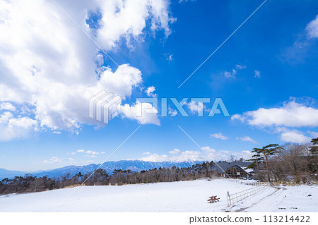 [Blue sky material] Blue sky and clouds of Kiyosato Plateau in winter [Yamanashi Prefecture] 113214422