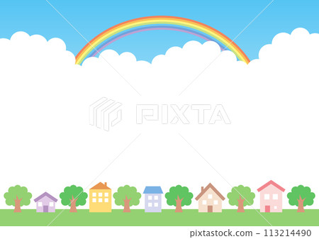 Colorful houses and rainbow sky background Colorful houses and rainbow sky background 113214490