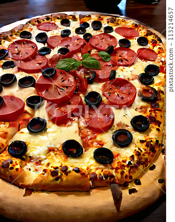 Realistic pizza neutral palette warm lighting highly 113214657