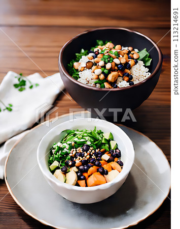 Realistic poke bowl neutral colors warm lighting 113214691