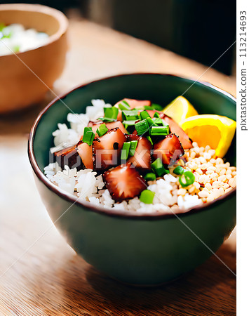 Realistic poke bowl neutral colors warm lighting 113214693
