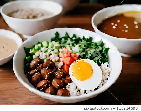 Realistic poke bowl neutral colors warm lighting 113214698