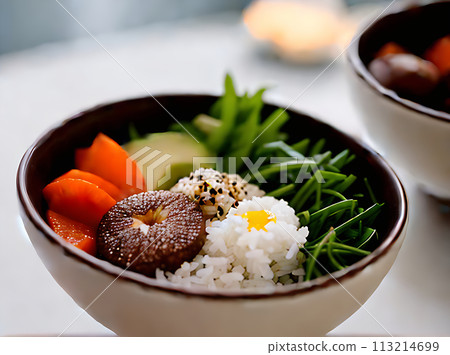 Realistic poke bowl neutral colors warm lighting 113214699