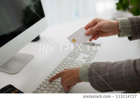 Woman holding plastic credit card and typing on computer keyboard. Online shopping concept 113214727