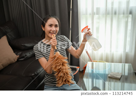 Happy young woman enjoying domestic chores and and using duster as microphone 113214745