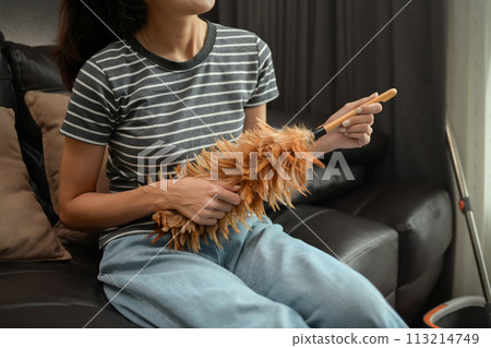 Happy housewife having fun cleaning house and pretending to play guitar with duster Happy housewife having fun cleaning house and pretending to play guitar with duster 113214749