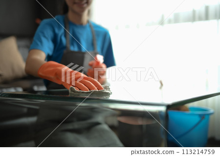 Cleaning service worker in wearing rubber gloves wiping glass table with cloth in modern home Cleaning service worker in wearing rubber gloves wiping glass table with cloth in modern home 113214759