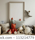 living room with sofa and blue pillows 113214779