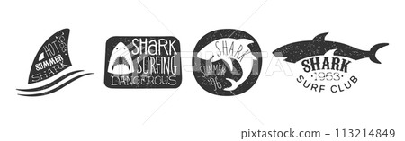 Dangerous Shark Surf Club Black And White Badge Vector Set 113214849