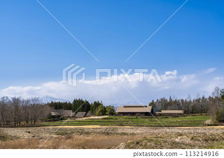 National Michinoku Lakeside Park in early spring, blue skies and terraced fields, Kawasaki Town, Miyagi Prefecture National Michinoku Lakeside Park in early spring, blue skies and terraced fields, Kawasaki Town, Miyagi Prefecture 113214916