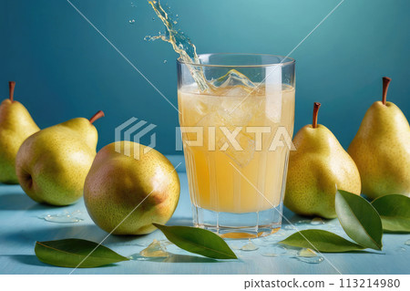 Diet and nutrition concept. Freshly squeezed organic pear juice in glass and fresh fruits with leaves on light blue background. Diet and nutrition concept. Freshly squeezed organic pear juice in glass and fresh fruits with leaves on light blue background. 113214980