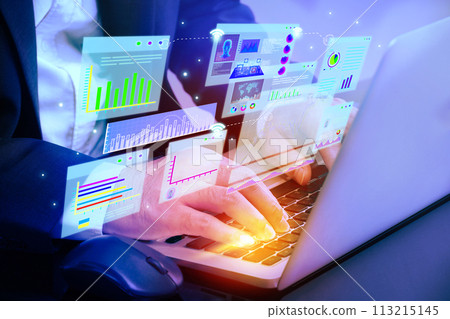 businessman working on laptop with dashboard data  113215145