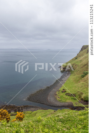 Isle of Skye coastline verdant cliffs descend to pebbled shore framed by the serenity of a soft sky 113215241