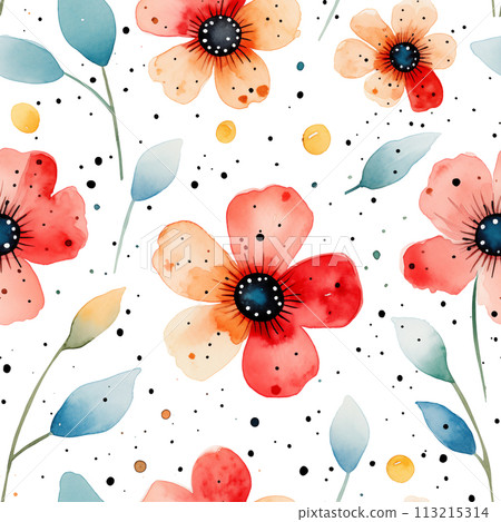 Watercolor floral seamless pattern with poppies and leaves isolated on a polka-dotted background. 113215314