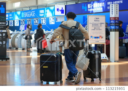 Parent and child heading to check-in at the airport 113215931