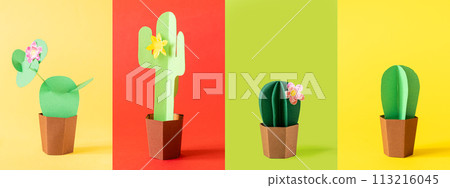 Cinco de Mayo concept - collage of four different paper cactus on solid color backgruond Cinco de Mayo concept - collage of four different paper cactus on solid color backgruond 113216045