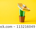 Cinco de Mayo concept - paper craft cactus in sombrero on solid color background 113216049