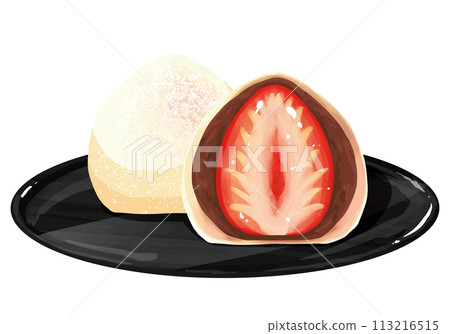 兩片草莓大福放在黑豆沙托盤上 兩片草莓大福放在黑豆沙托盤上 113216515