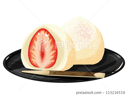 托盤上放兩片草莓大福，白豆沙，切出糖果 113216519