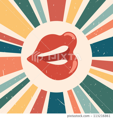 Retro style background with red lips and colorful rays. Trendy retro design with grunge texture. Vector illustration 113216861