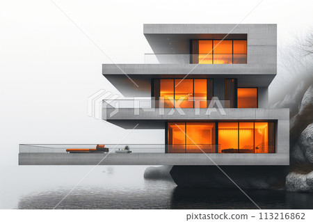 Design architecture minimalist style monolithic three story housing at ecological project AI Generative 113216862