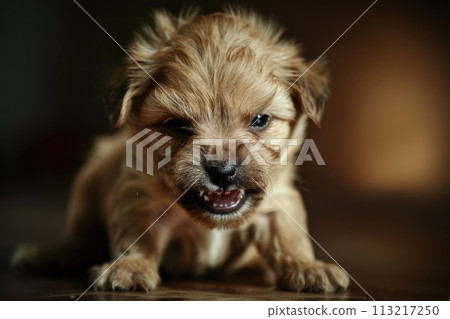 A pint-sized puppy with a tousled coat growls playfully 113217250