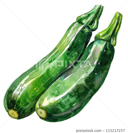 A richly textured zucchini is portrayed in watercolo 113217257