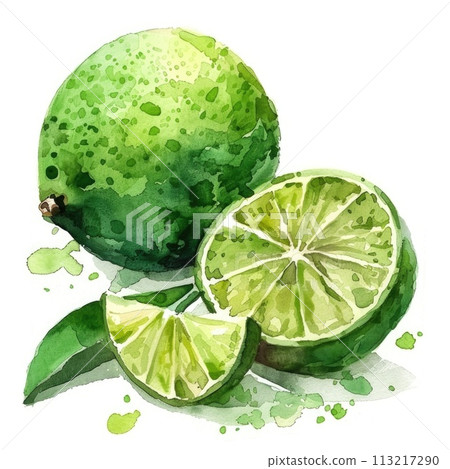 A delightful watercolor depiction of juicy lime wedges A delightful watercolor depiction of juicy lime wedges 113217290