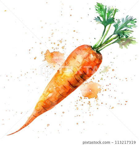 A vibrant carrot in watercolor with dynamic splashes A vibrant carrot in watercolor with dynamic splashes 113217319